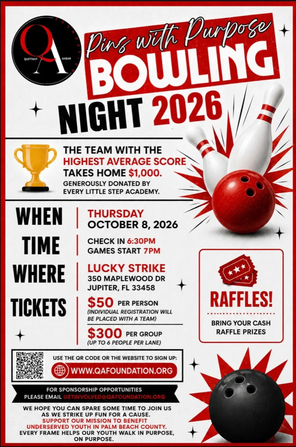 Pins with Purpose Bowling Night 2026 flyer for the Q&A Foundation event on October 8, 2026 in Jupiter, Florida.